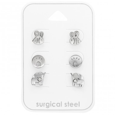 3 Paar Ohrringe - Biene, Pfote und Elefant - Chirurgischer Edelstahl Stahl Sets A4S45423