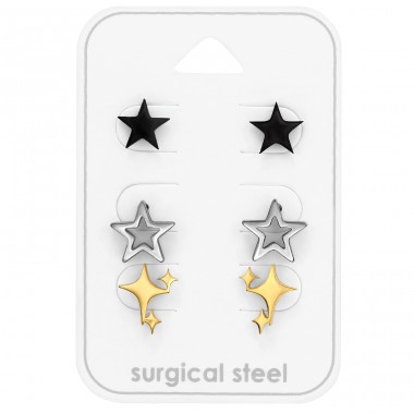 Stars - 3 Pairs per Card - 316L Surgical Grade Stainless Steel Steel Jewellery Sets A4S49602