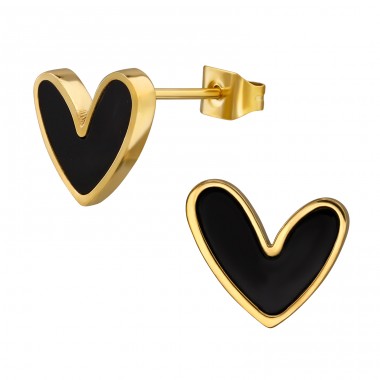 Pozłacane Czarne Serce - 316L Stal Chirurgiczna Grade Kolczyki Sztyfty Ze Stali A4S49974