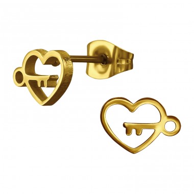 Golden Heart With Key - 316L Surgical Grade Stainless Steel Steel Ear Studs A4S50049