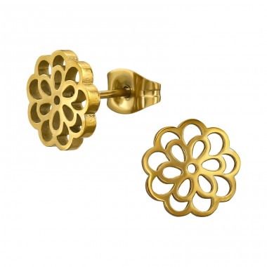 Golden Two Layer Flower Pattern - 316L Surgical Grade Stainless Steel Steel Ear Studs A4S50054