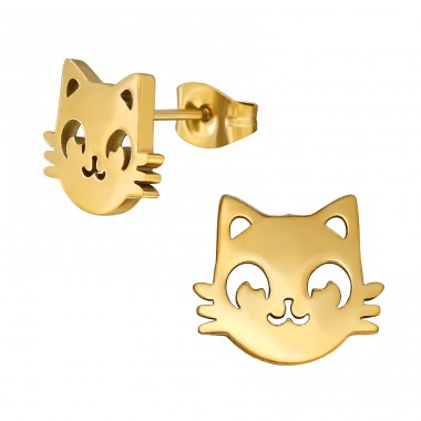 11 mm  Golden Cat Face - 316L Surgical Grade Stainless Steel Steel Ear Studs A4S50129