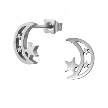 10 mm Moon With Stars - 316L Surgical Grade Stainless Steel Steel Ear Studs A4S50228