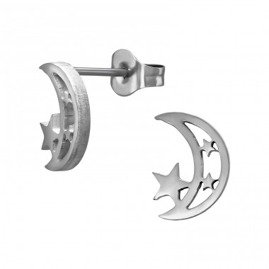 10 mm Moon With Stars - 316L Surgical Grade Stainless Steel Steel Ear Studs A4S50228