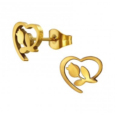 Golden Heart Outlined Tulip - 316L Surgical Grade Stainless Steel Steel Ear Studs A4S50244