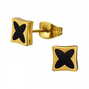 Pozłacany Kwadrat z Czarnym Krzyżykiem 6 mm - 316L Stal Chirurgiczna Grade Kolczyki Sztyfty Ze Stali A4S50250