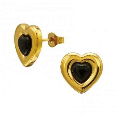 3D Heart Gold-plated  with black center - 316L Surgical Grade Stainless Steel Steel Ear Studs A4S50337