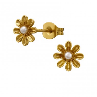 7.5 mm  Flower with Pearl, Gold Plated - 316L Surgical Grade Stainless Steel Steel Ear Studs A4S51430