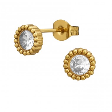 6.5 mm Round Crystal with Textured Border, Gold Plated - 316L Surgical Grade Stainless Steel Steel Ear Studs A4S51433