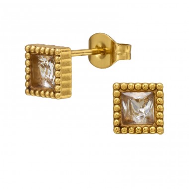 6.5 mm Square with Textured Border, Gold Plated - 316L Surgical Grade Stainless Steel Steel Ear Studs A4S51434