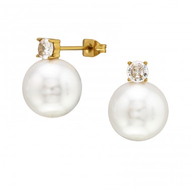 Pearl with Zircon, Gold Plated - 316L Surgical Grade Stainless Steel Steel Ear Studs A4S51438