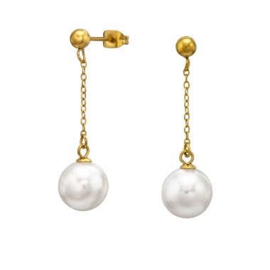 10 mm Pearl Dangling On Chain Gold Plated - 316L Surgical Grade Stainless Steel Steel Ear Studs A4S51444