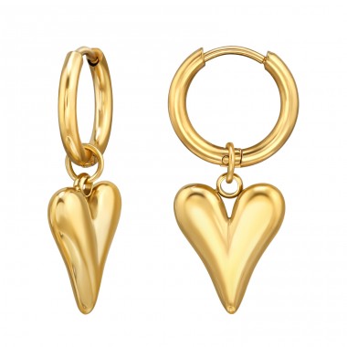 13mm Golden Hoop With Dangling 14mm Heart - 316L Surgical Grade Stainless Steel Steel Earrings A4S49965