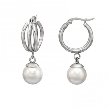 20 mm Triple Hoop  with Dandling Pearl - 316L Surgical Grade Stainless Steel Steel Earrings A4S51274