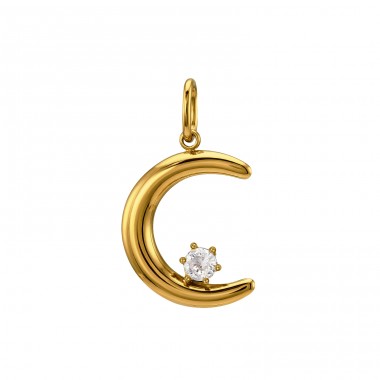 17 mm Moon with Zircona, Gold Plated - 316L Surgical Grade Stainless Steel Steel Pendants A4S50464