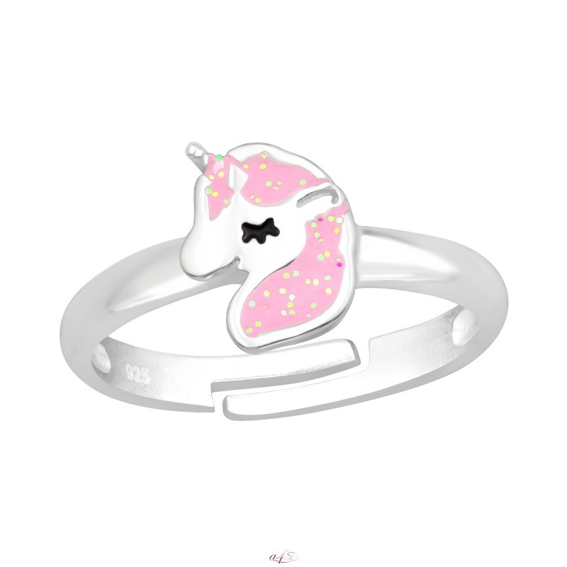 Pink Unicorn with glitter 925 Sterling Silver Rings For Kids