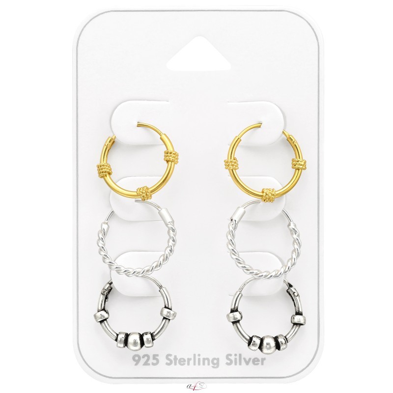 3 pairs colorful Bali Hoops 925 Sterling Silver Ear Hoop Sets Jewelry On Cards
