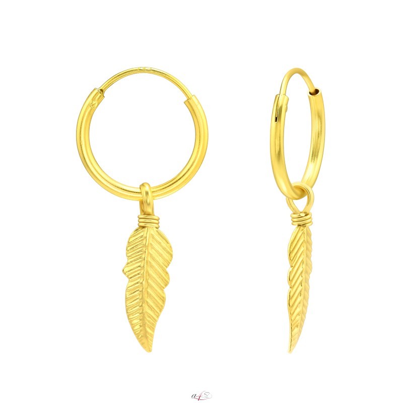 Golden Hanging Feather 925 Sterling Silver Ear Hoops